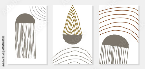 Abstract minimalist bohemian wall art featuring terracotta arches, sun line art and organic botanical shapes in neutral earth tones. Modern Scandinavian aesthetic poster design