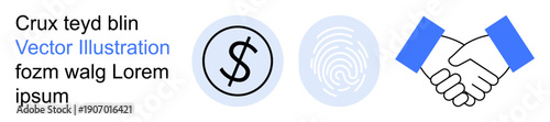 Business agreements, identity security, finance management, online transactions, authentication systems, professional networking. Handshake, fingerprint dollar sign . Business agreements
