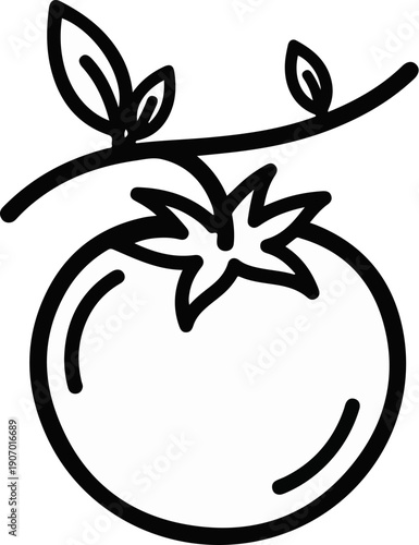 Simple outline illustration of a ripe tomato on a vine with leaves