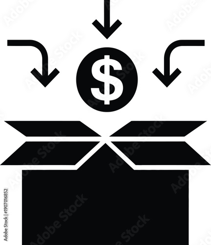 Money being put into an open box with dollar sign inside