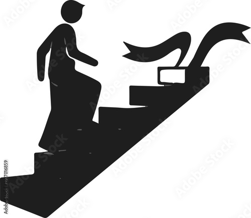 Silhouette of person climbing stairs towards a ribbon-adorned goal