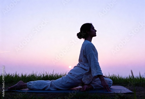 Female practicing yoga outdoors at sunset in tranquil landscape.