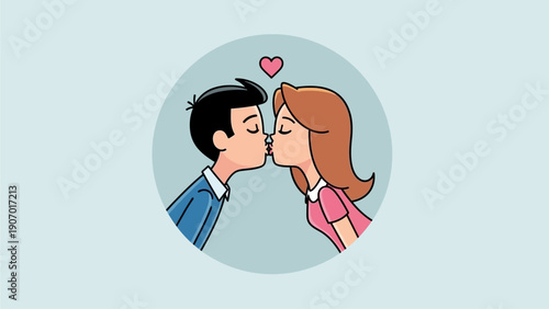 Affectionate cartoon depiction of a charming couple sharing a sweet, tender kiss, symbolizing love and connection in a joyful moment