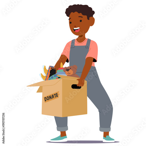 Cheerful cute little boy child cartoon character carrying large cardboard donate box with toys