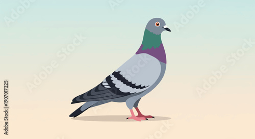 Pixelated pigeon with grey, purple, and green plumage on a light background