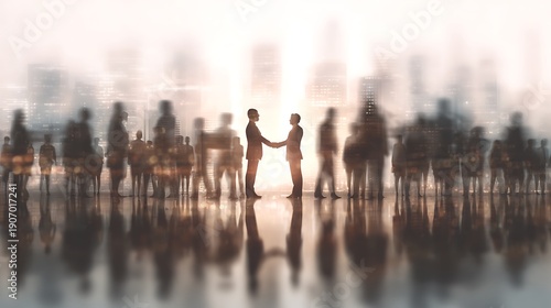 Business agreement concept showing blurred silhouette of business people shaking hands near large window in office building showing blurry cityscape. High quality