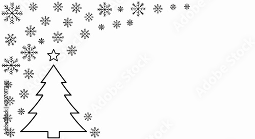 Simple outline of a Christmas tree with a star on top, surrounded by snowflakes