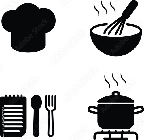 A collection of cooking icons on a white background displayed together.