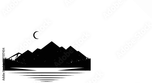 Silhouette of mountains under a crescent moon with reflection on water