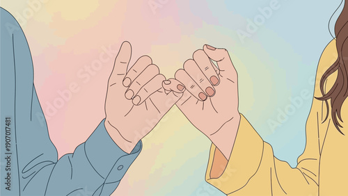 Pinky promise illustration symbolizing trust, commitment, and eternal bonds between people with a soft, pastel background and bokeh effect
