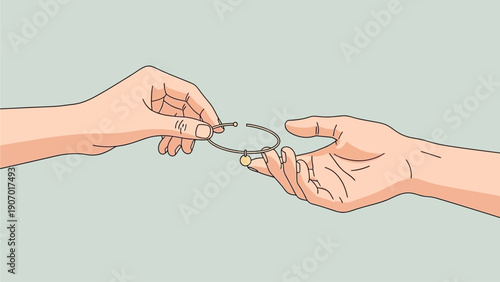 Handing over a bracelet between two people, illustration of a gift exchange or gesture of friendship
