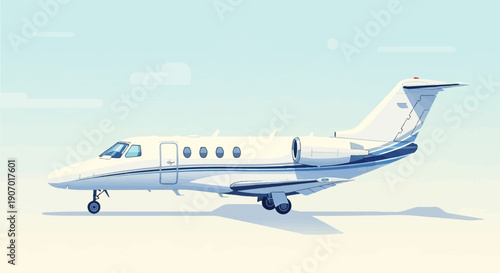 Pixelated private jet on a runway under a hazy sky with soft shadows