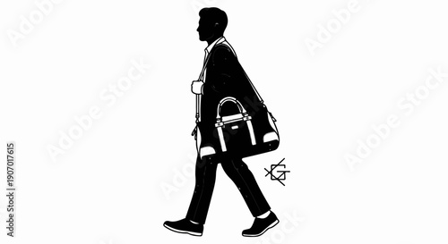 Silhouette of a man in a suit walking with a duffel bag