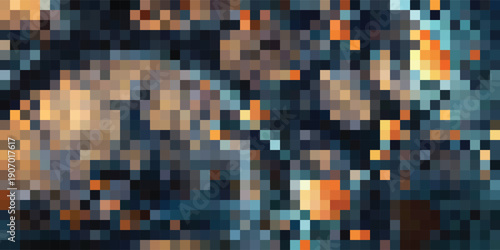 Fotografie Abstract Pixelated Cityscape at Night with Vibrant Lights.