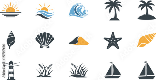 Minimal beach and ocean icon set featuring waves, palm trees, shells, starfish, lighthouse, sailboats, and coastal nature symbols in flat vector style