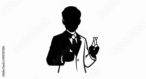Silhouette of a man in a suit with fingers crossed, pointing