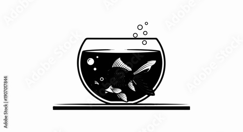 Single black fish swims in a round glass bowl with bubbles
