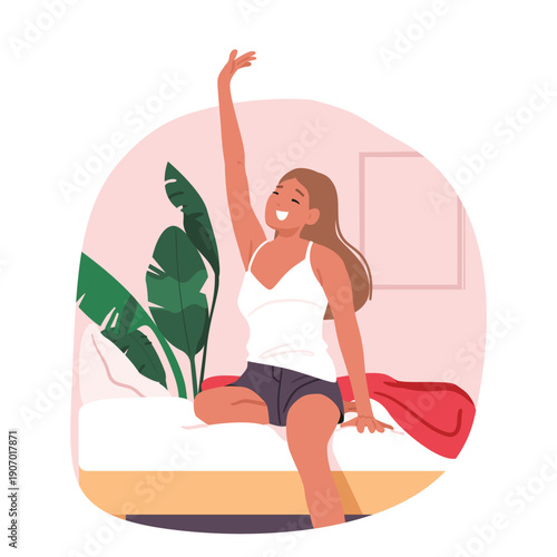 Happy fresh young woman waking up in bed greeting early morning with good positive mood scene