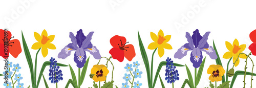 Horizontal seamless border with colorful spring flowers like irises, daffodils, poppies, and pansies. This vibrant illustration on a white background is perfect for headers, banners, and cards.