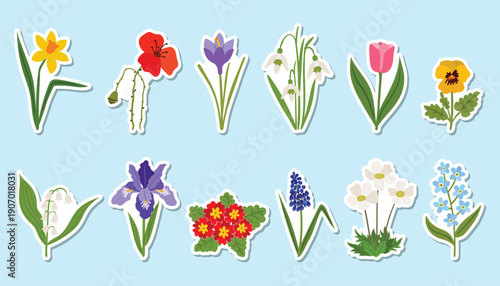 A set of twelve colorful spring flower stickers with white borders on a light blue background. Features flat cartoon style icons of poppy, tulip, daffodil and iris, perfect for seasonal decor.