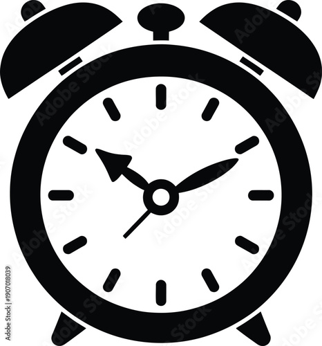 A black alarm clock with white face and black hands on a white background.