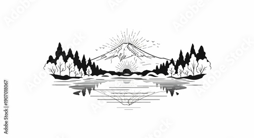 Silhouette of mountain with sunrise, trees, and reflection on water
