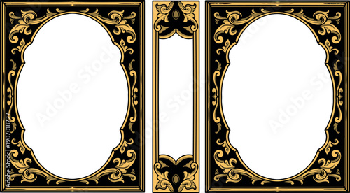 This is a vector illustration of a vintage baroque style book cover ornament, the front, spine, and back of the book are in black, gold, and white.