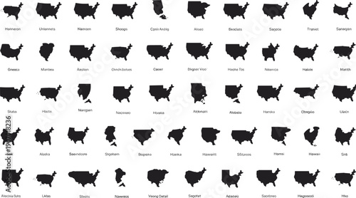 Collection of black silhouette maps of the United States of America with state outlines Keywords: USA, United States, America