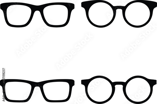 Four pairs of glasses arranged in a square on a white background.
