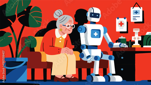 Illustration Of Elderly Receiving Care Using Medical Services Using Advanced Robots Vector Design Template