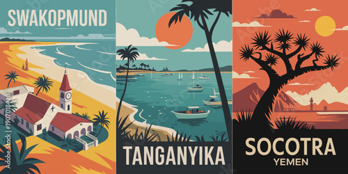 Swakopmund, Vintage travel poster, art deco-style coastal landscapes of Namibia, Tanzania, and Yemeni art
