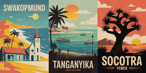 Tropical travel poster set, vintage Swakopmund Tanganyika and Socotra destinations designIllustrator Artwork