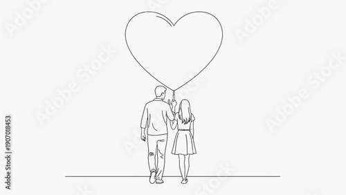 Couple holding a large heart-shaped balloon, symbolizing love and connection in a minimalist line art style, perfect for romantic themes and celebrations
