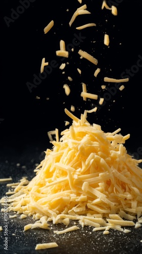 Grated cheese falling kitchen food photography black background close-up culinary delight