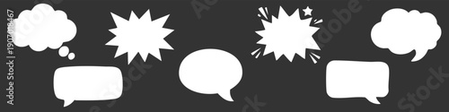 Set of white comic speech bubbles, thought clouds, and explosion shapes on a dark background. Vector design elements for messaging and communication.