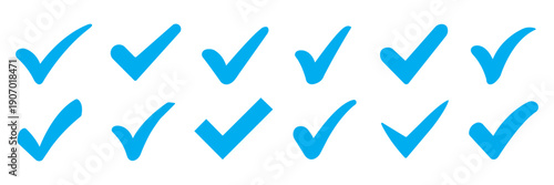 Set of blue check mark icons approval sign checkbox ok yes complete concept