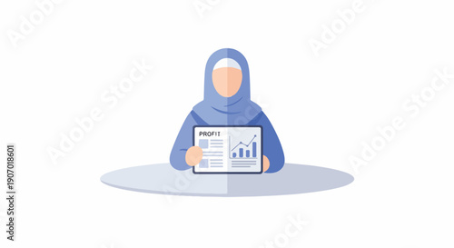 Businesswoman in hijab presenting financial growth charts on a tablet, modern flat illustration, professional meeting concept.