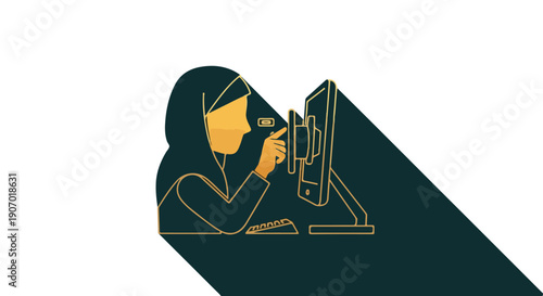 Young Muslim woman in hijab using a smartphone and computer for work or study, modern technology and education concept