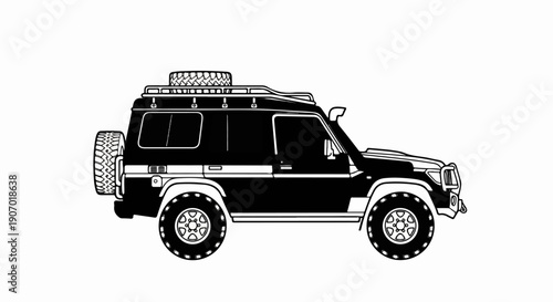 Rugged black off-road vehicle with roof rack and spare tires
