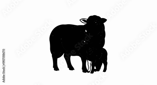 Silhouette of a mother sheep with a lamb