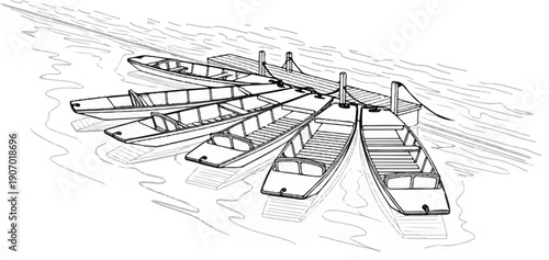 Several narrow boats are moored to a wooden jetty on rippling water