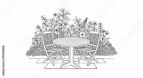 Sketch of an outdoor table and chairs surrounded by flowers