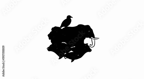 Silhouette of diverse animals forming a surreal cluster atop white
