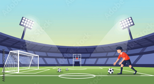 Player practicing on a soccer field under bright stadium lights