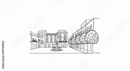 Sketch of buildings lining a plaza with trees and a fountain