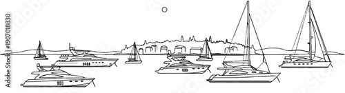 Several yachts and sailboats anchor in a bay with a distant city skyline