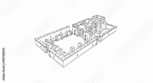 Sketch of ancient stone ruins with a central courtyard and vaulted archway