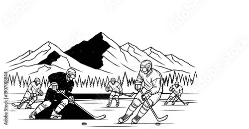 Players compete on a frozen ice rink with snow-capped mountains behind them