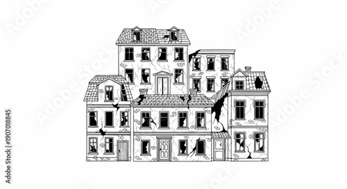 Ruined, multi-story buildings with broken windows and cracked walls