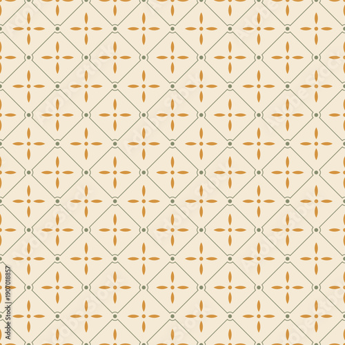 Seamless geometric pattern with minimalist yellow floral motifs on a cream background. Elegant vintage tile vector texture, ideal for classic textiles, wallpaper, and sophisticated packaging.